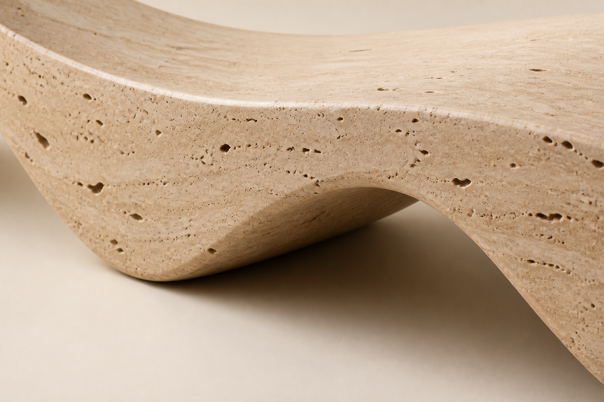 Hudu 180 travertine sculptural bench, close studio detail of the surface and material