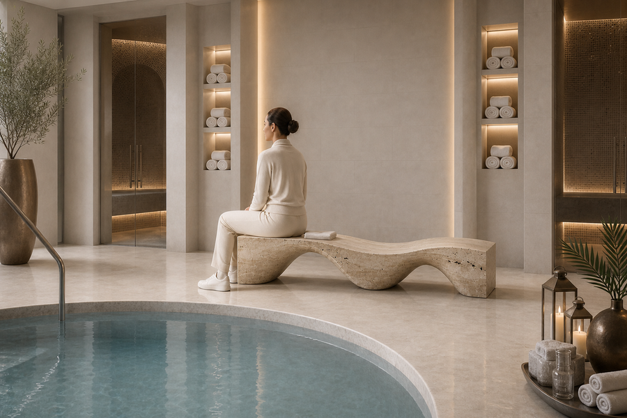 Hudu 180 travertine sculptural bench, shown in a room setting, at full scale