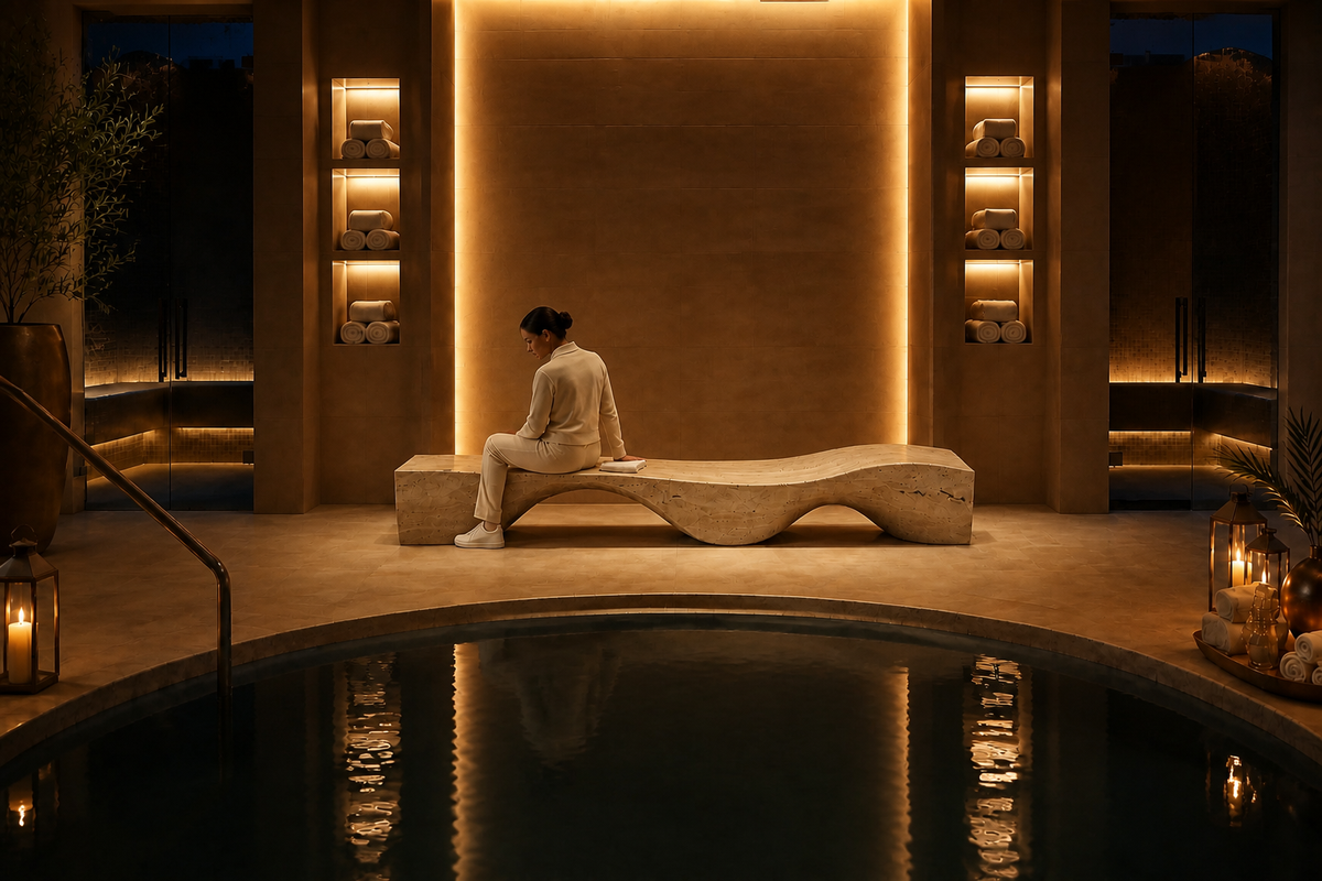 Hudu 180 travertine sculptural bench, in a room setting under evening light