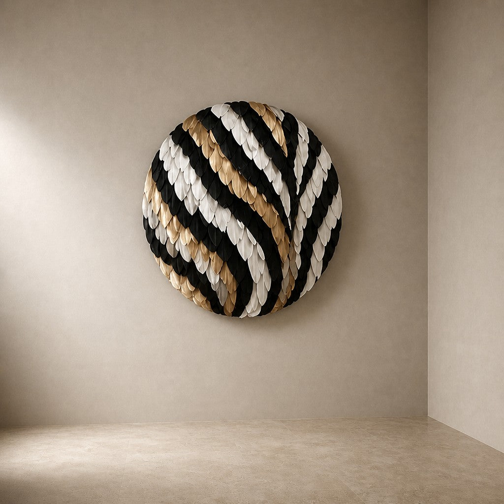 Antique bronze bronze wall sculpture Corona, pointed leaf plates radiating from a turned centre, on a plaster wall.
