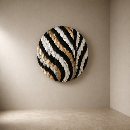 Antique bronze bronze wall sculpture Corona, pointed leaf plates radiating from a turned centre, on a plaster wall.