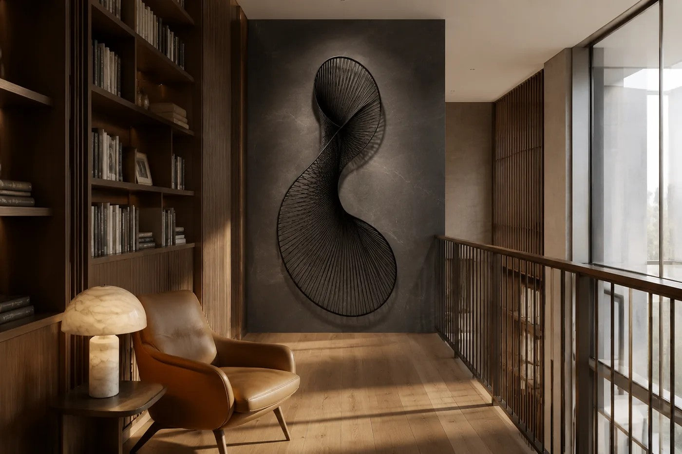 Graphite steel wall sculpture Iltifat, a single sheet folded through itself in one continuous turn, on a plaster wall.