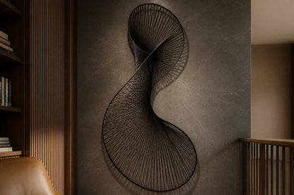 Graphite steel wall sculpture Iltifat, a single sheet folded through itself in one continuous turn, on a plaster wall.