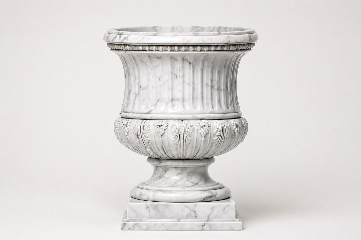 Imperial Aurelia — 72 cm white Carrara marble campana urn with fluting and a carved acanthus band, studio view of the whole piece