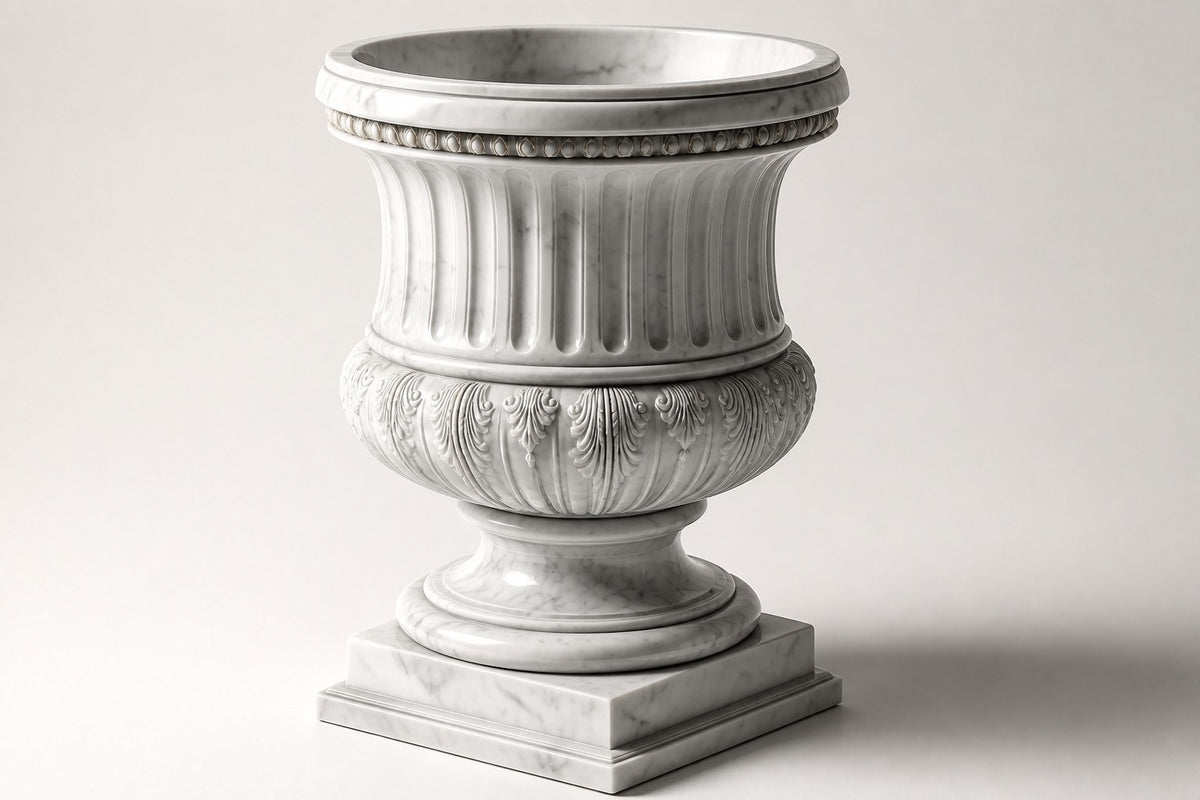 Imperial Aurelia — 72 cm white Carrara marble campana urn with fluting and a carved acanthus band, three-quarter studio view showing its profile