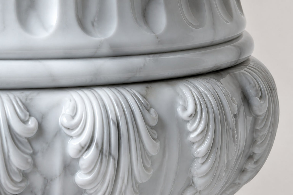 Imperial Aurelia — 72 cm white Carrara marble campana urn with fluting and a carved acanthus band, close studio detail of the surface and material
