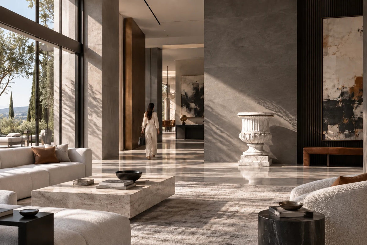 Imperial Aurelia — 72 cm white Carrara marble campana urn with fluting and a carved acanthus band, placed in a furnished room