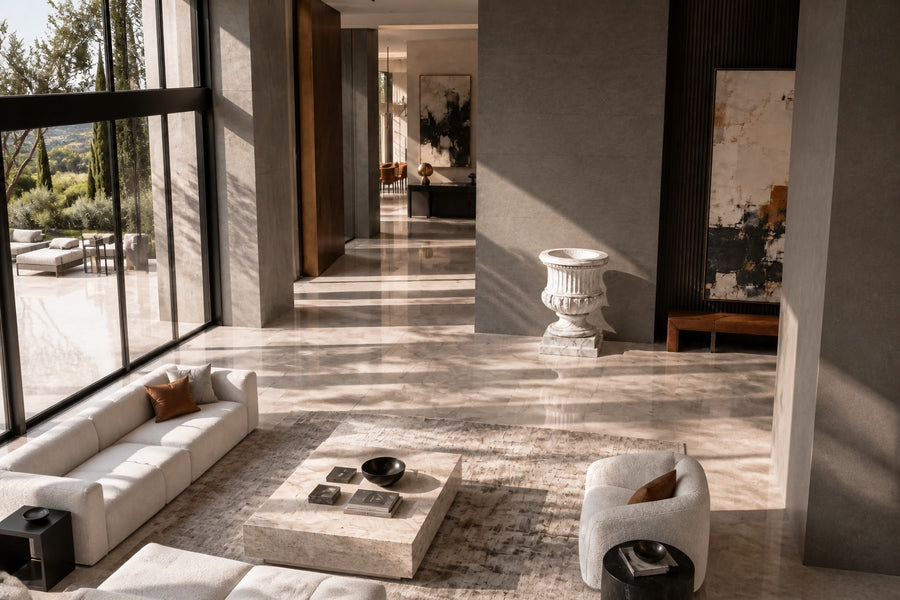 Imperial Aurelia — 72 cm white Carrara marble campana urn with fluting and a carved acanthus band, seen from above in the room