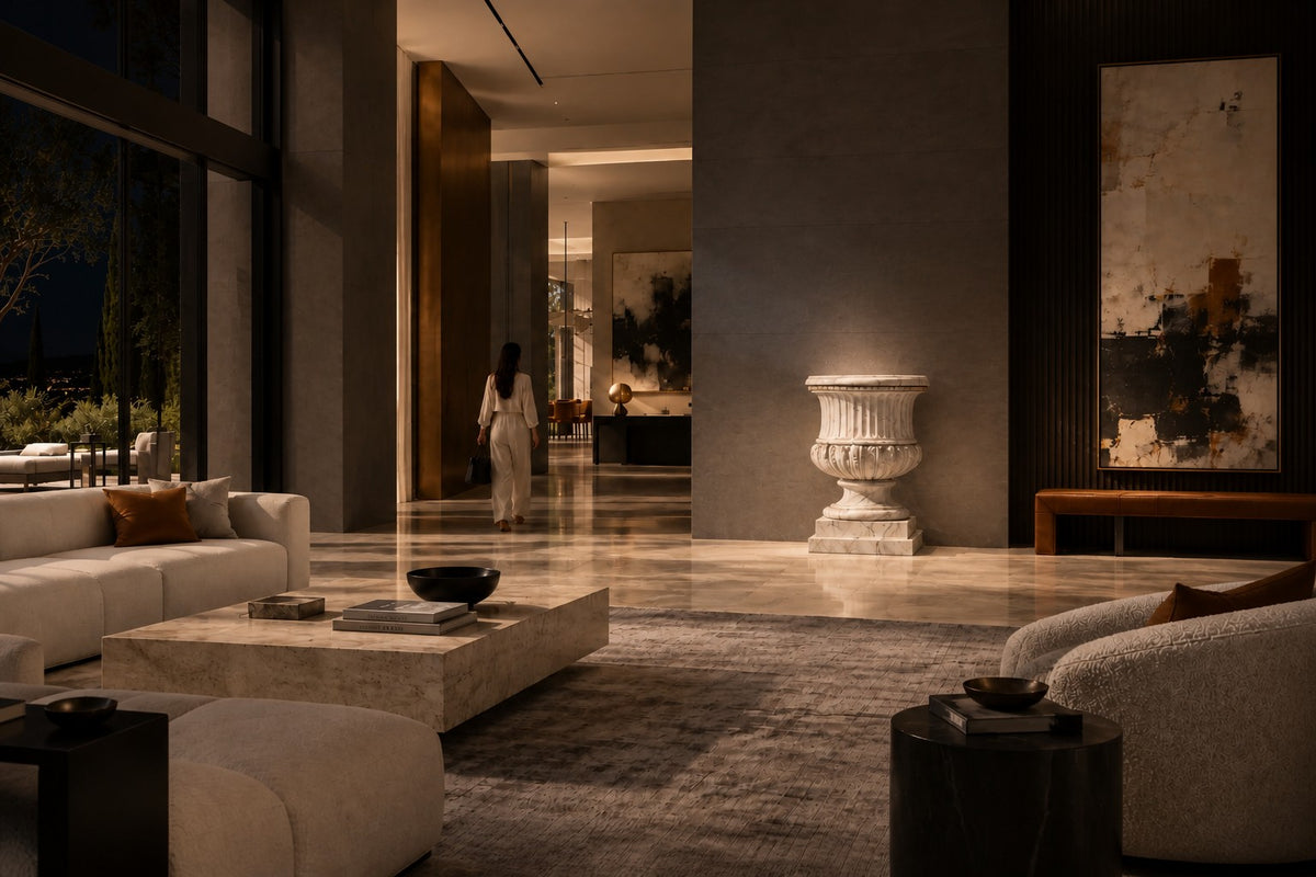 Imperial Aurelia — 72 cm white Carrara marble campana urn with fluting and a carved acanthus band, the same room at night, lamps on