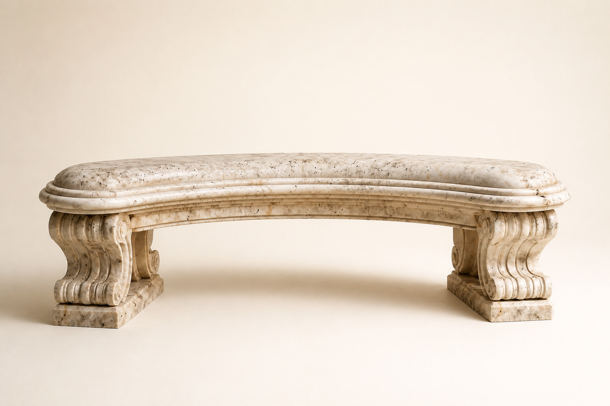 Imperial Curved Marble Bench, studio view of the whole piece