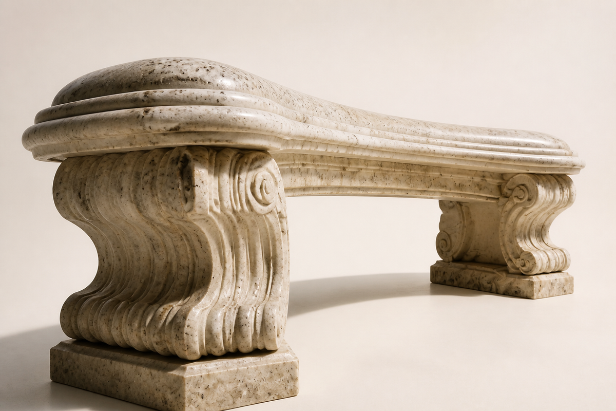 Imperial Curved Marble Bench, three-quarter studio view showing its profile