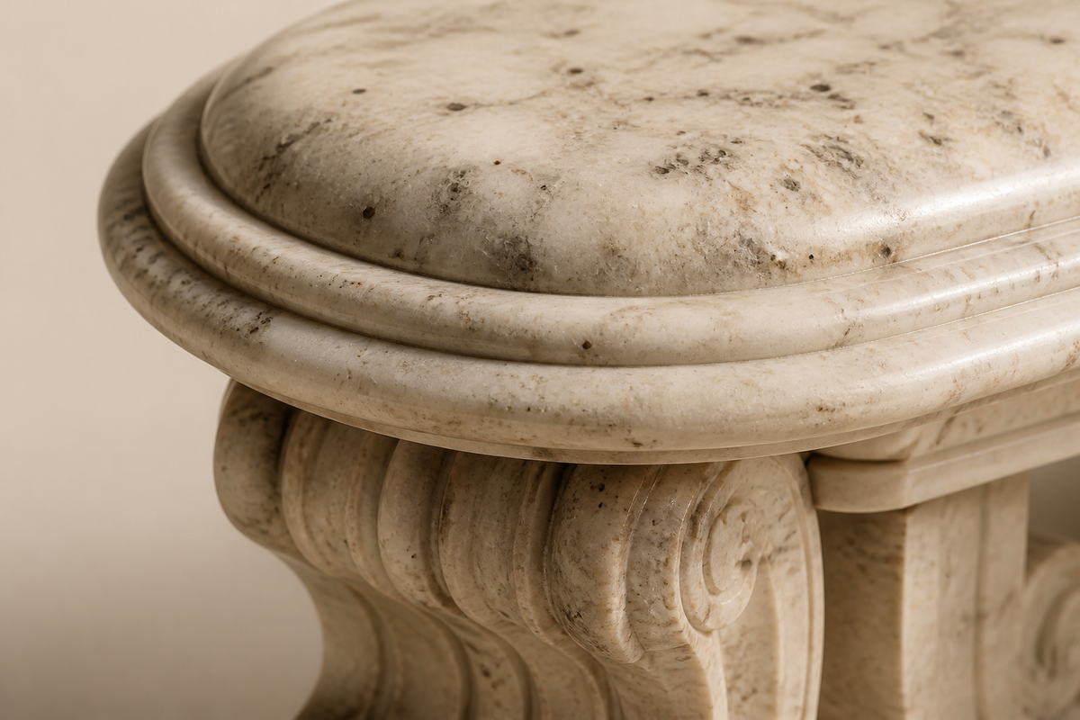 Imperial Curved Marble Bench, close studio detail of the surface and material