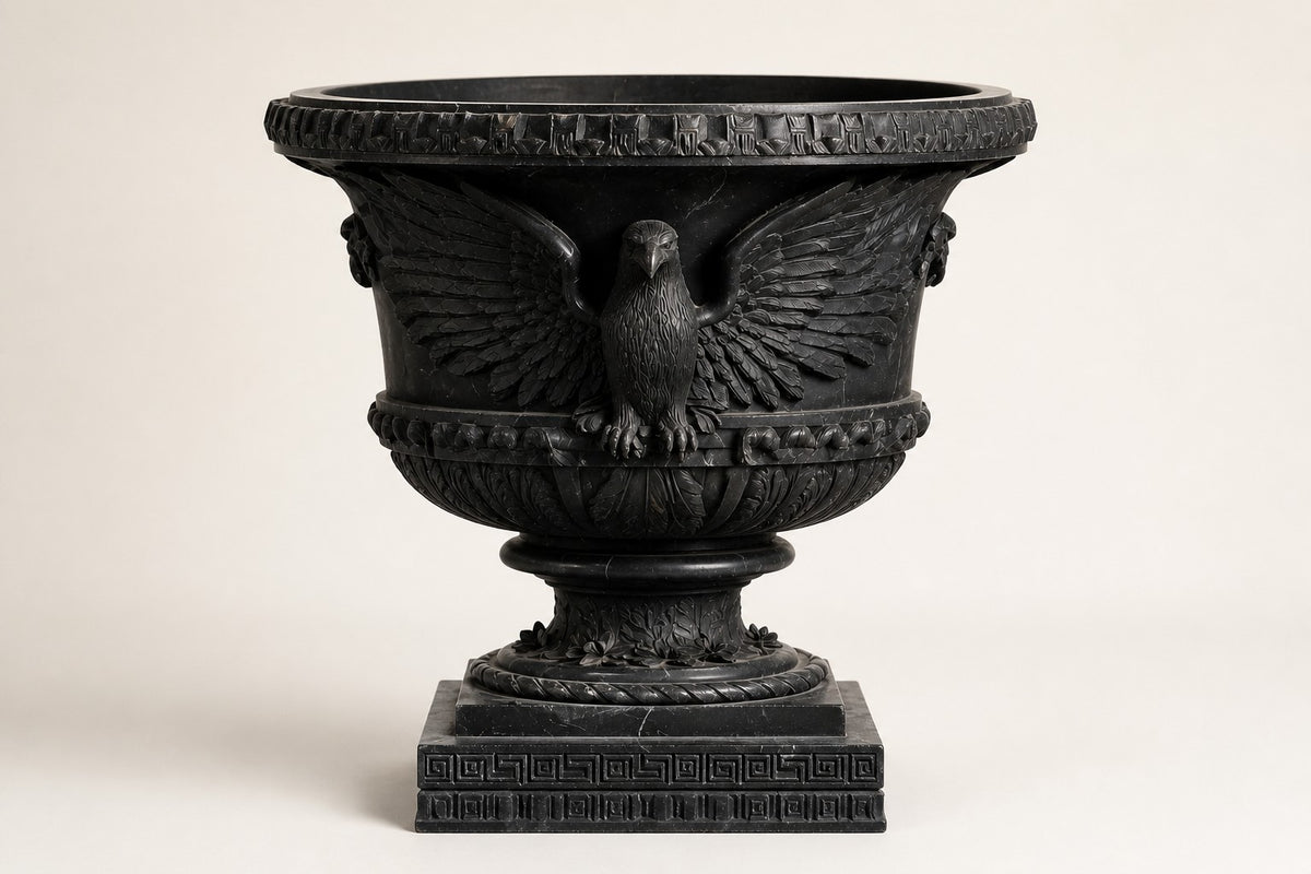 Imperial Eagle Black Marble Urn Planter — 100 cm black marble urn planter with a carved eagle and Greek-key bands, studio view of the whole piece