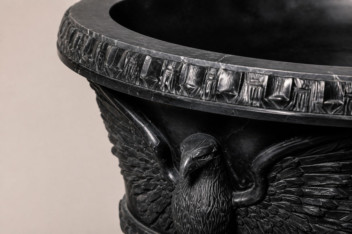 Imperial Eagle Black Marble Urn Planter — 100 cm black marble urn planter with a carved eagle and Greek-key bands, close studio detail of the surface and material