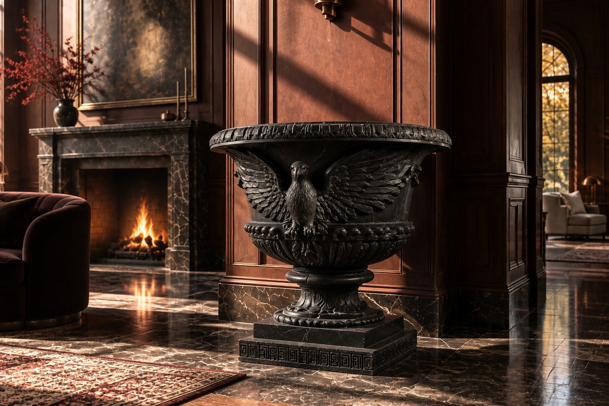 Imperial Eagle Black Marble Urn Planter — 100 cm black marble urn planter with a carved eagle and Greek-key bands, close view in the room