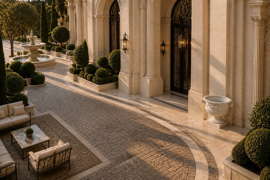 Imperial Eagle Marble Urn Planter — 90 cm white Carrara marble urn planter with a carved eagle and two scroll handles, seen from above in the room