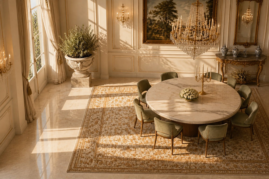 Imperial Eagle Marble Urn Planter — 110 cm white Carrara marble urn planter with a heavy carved rim and a carved eagle, seen from above in the room