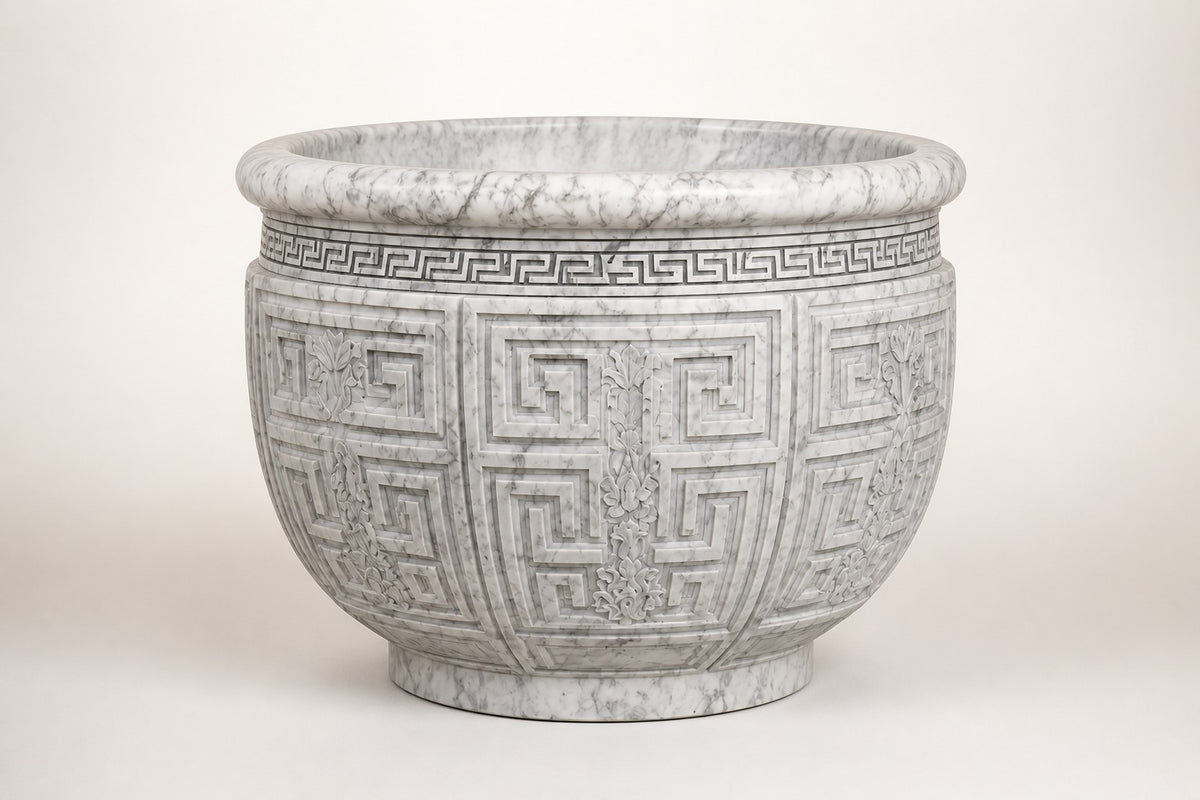 Imperial Helios Vessel — 190 cm monumental white Carrara marble planter carved with a Greek-key pattern, studio view of the whole piece