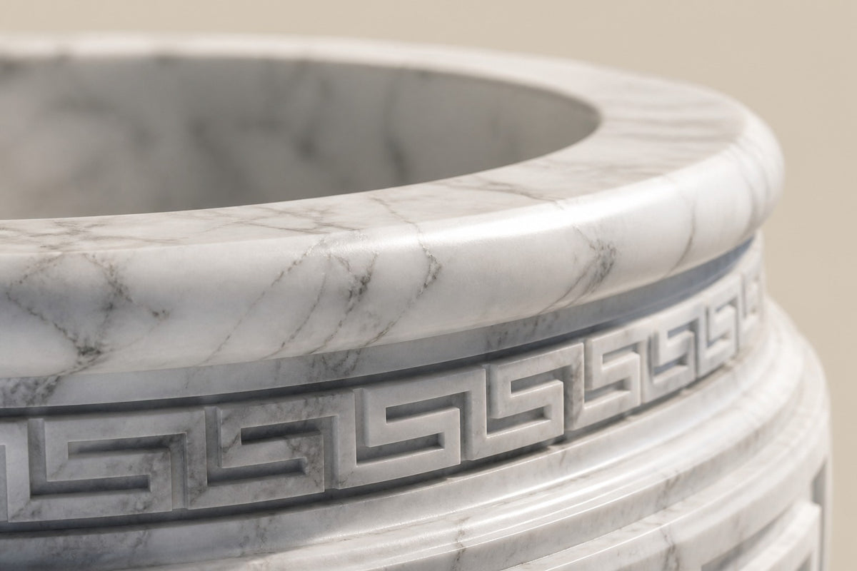 Imperial Helios Vessel — 190 cm monumental white Carrara marble planter carved with a Greek-key pattern, close studio detail of the surface and material
