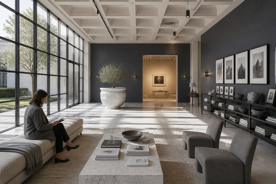 Imperial Helios Vessel — 190 cm monumental white Carrara marble planter carved with a Greek-key pattern, placed in a furnished room