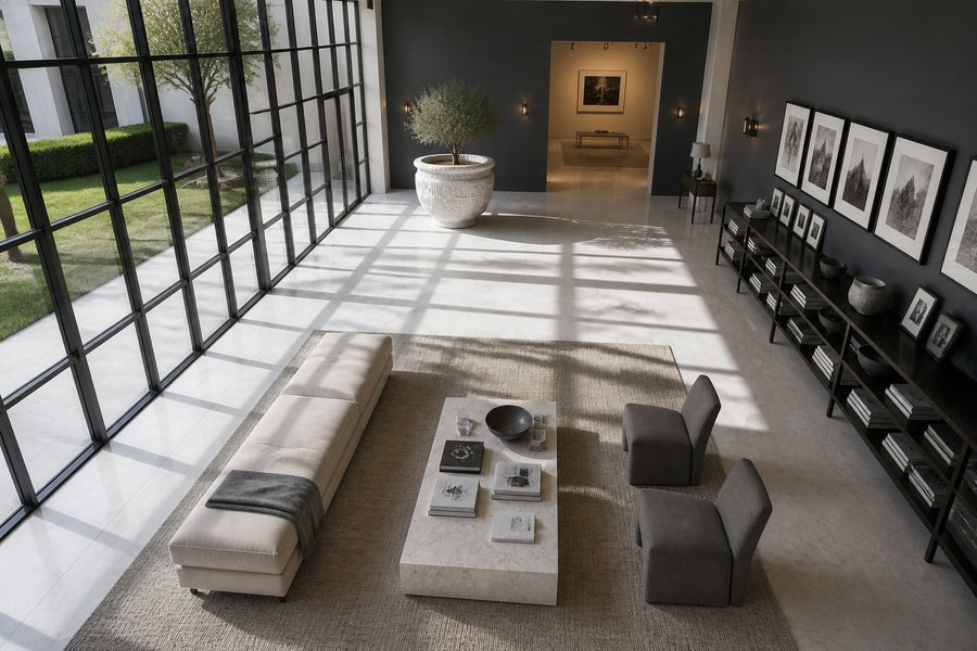 Imperial Helios Vessel — 190 cm monumental white Carrara marble planter carved with a Greek-key pattern, seen from above in the room