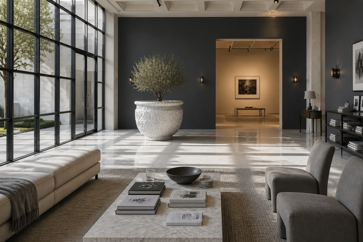 Imperial Helios Vessel — 190 cm monumental white Carrara marble planter carved with a Greek-key pattern, close view in the room