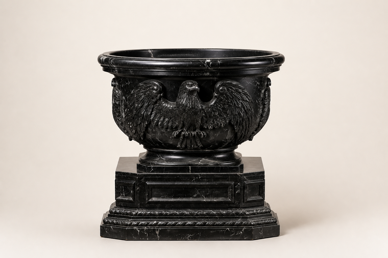Imperial Nero Marquina Eagle Marble Urn Planter sculpture, studio view of the whole piece