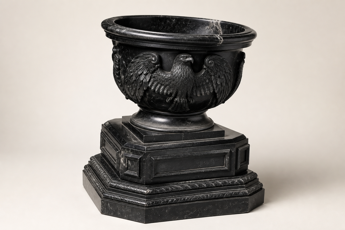 Imperial Nero Marquina Eagle Marble Urn Planter sculpture, three-quarter studio view showing its profile