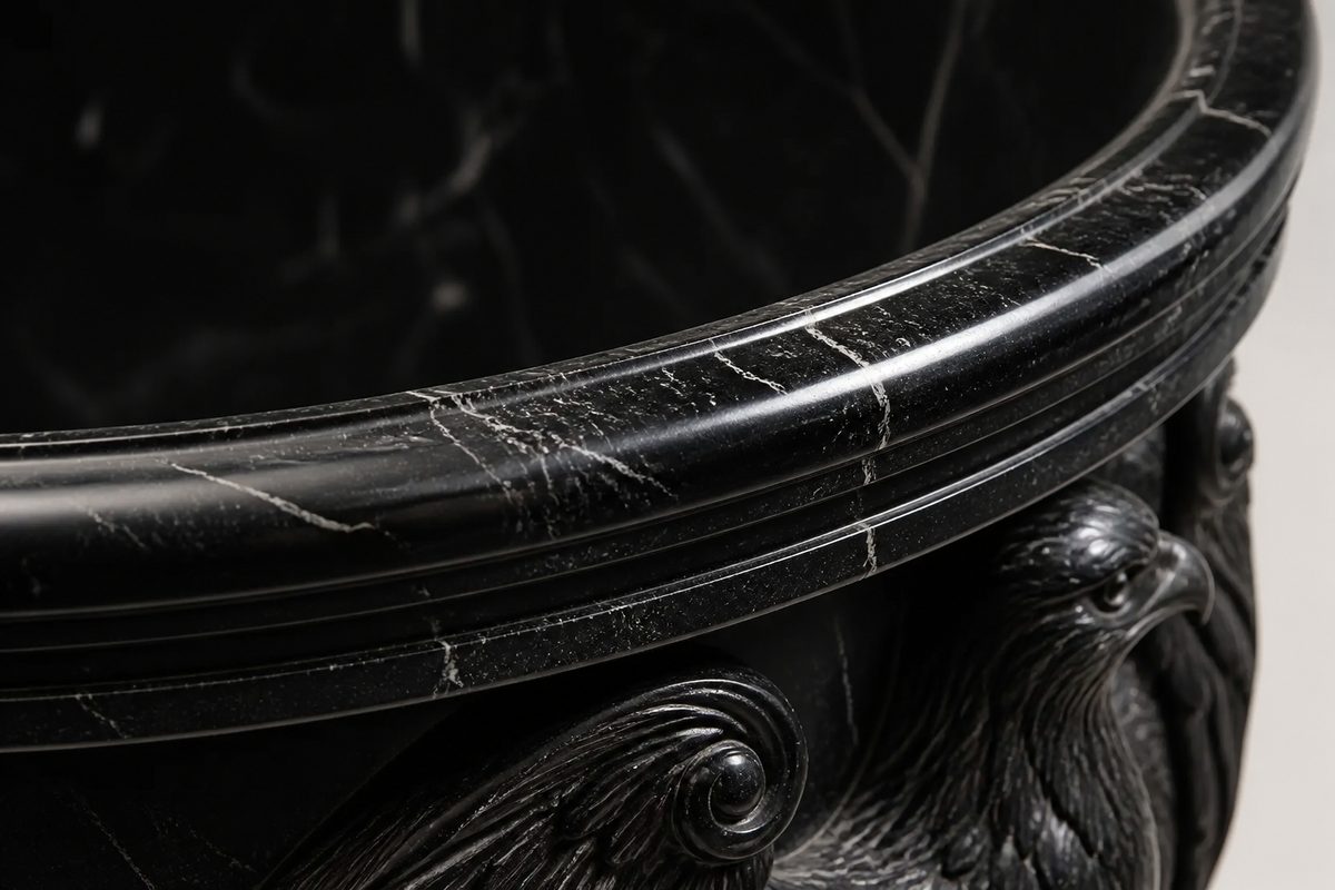 Imperial Nero Marquina Eagle Marble Urn Planter sculpture, close studio detail of the surface and material