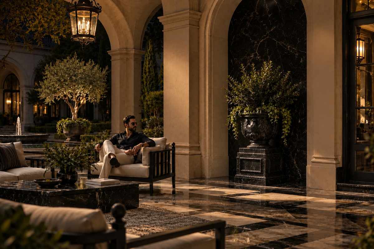 Imperial Nero Marquina Eagle Marble Urn Planter sculpture, in a room setting under evening light