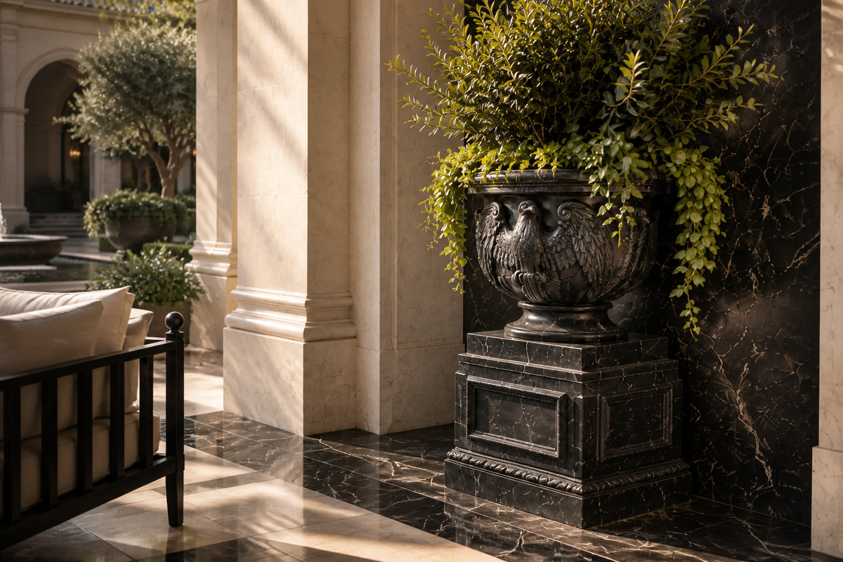 Imperial Nero Marquina Eagle Marble Urn Planter sculpture, close view of the form in its setting