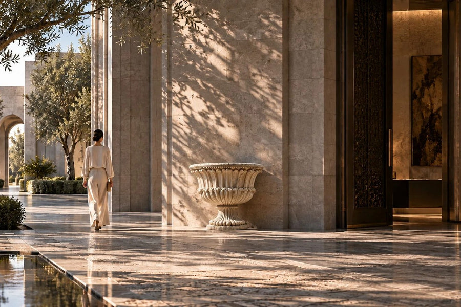 Imperial Petal Marble Urn Planter — 90 cm cream-white marble urn planter with a bowl of carved upturned petals, placed in a furnished room