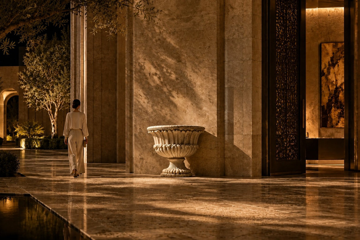 Imperial Petal Marble Urn Planter — 90 cm cream-white marble urn planter with a bowl of carved upturned petals, the same room at night, lamps on