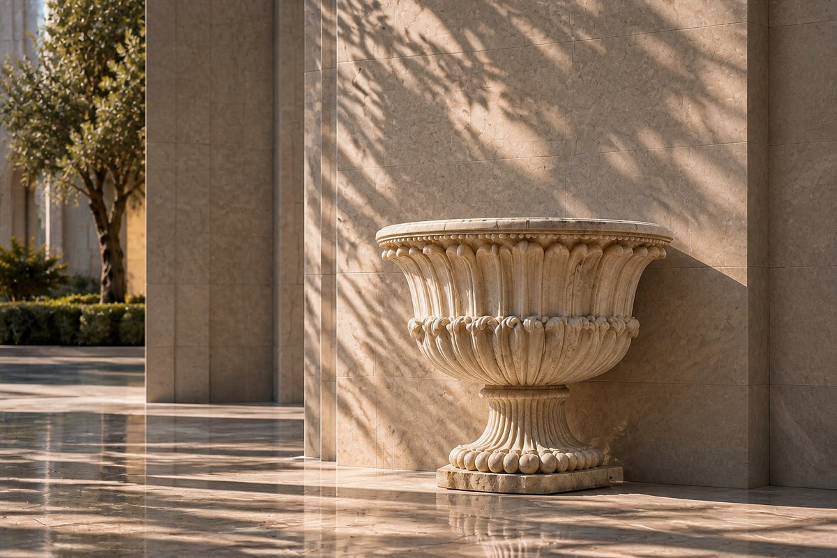 Imperial Petal Marble Urn Planter — 90 cm cream-white marble urn planter with a bowl of carved upturned petals, close view in the room