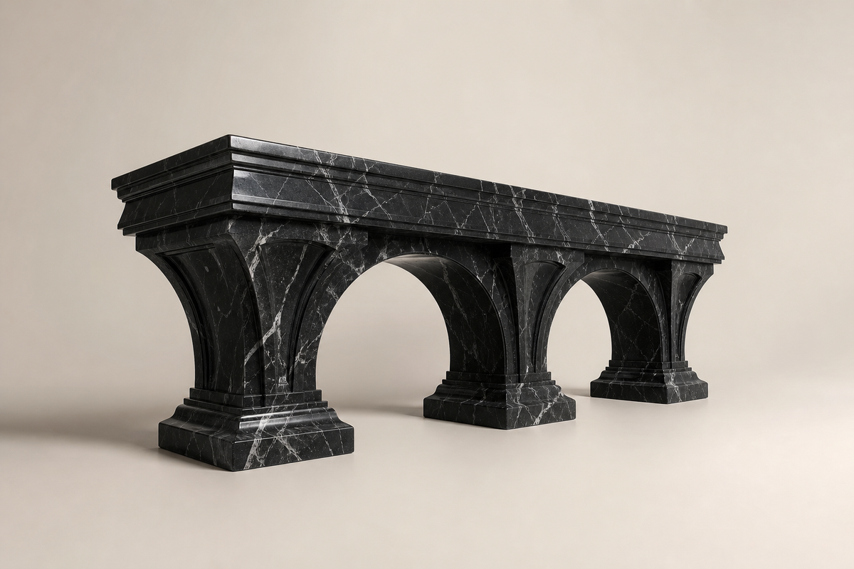 Imperial Triple Arch Marble Bench, three-quarter studio view showing its profile