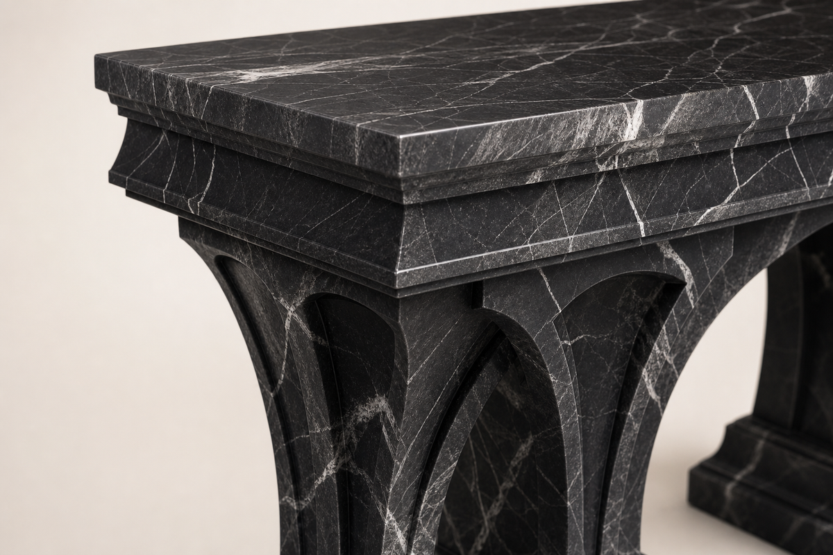 Imperial Triple Arch Marble Bench, close studio detail of the surface and material