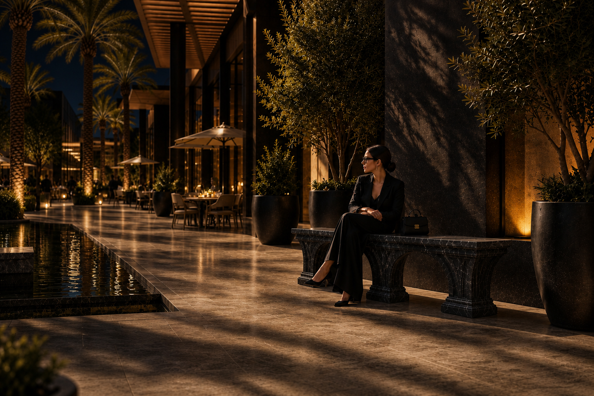 Imperial Triple Arch Marble Bench, in a room setting under evening light