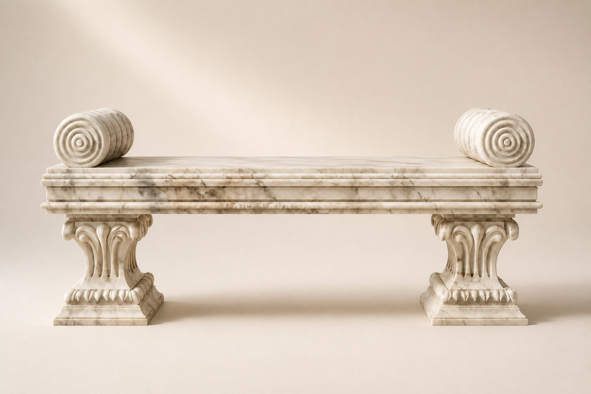 Imperial Volute Marble Bench, studio view of the whole piece