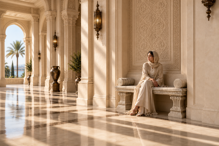Imperial Volute Marble Bench, shown in a room setting, at full scale