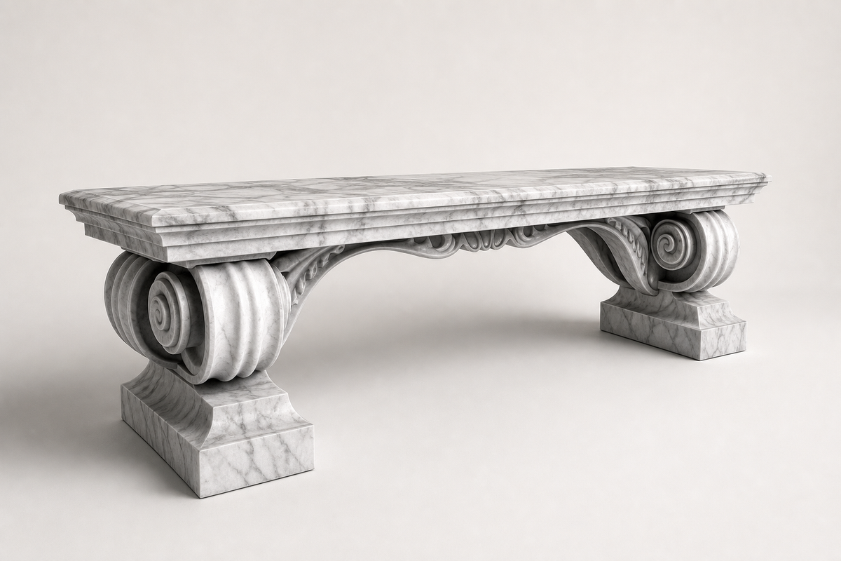 IMPERIUM MARBLE BENCH I, three-quarter studio view showing its profile