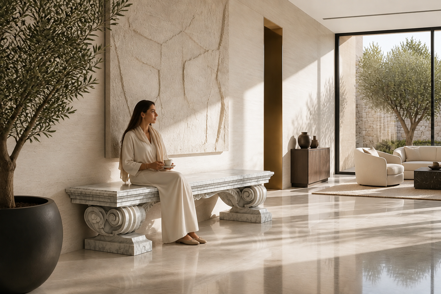 IMPERIUM MARBLE BENCH I, shown in a room setting, at full scale