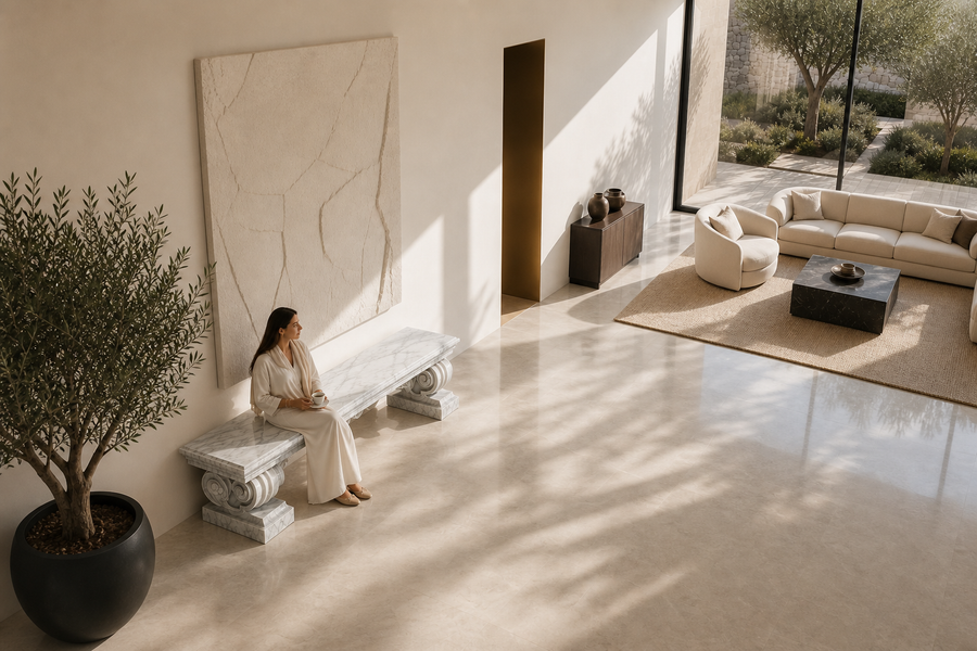 IMPERIUM MARBLE BENCH I, overhead view in a room setting