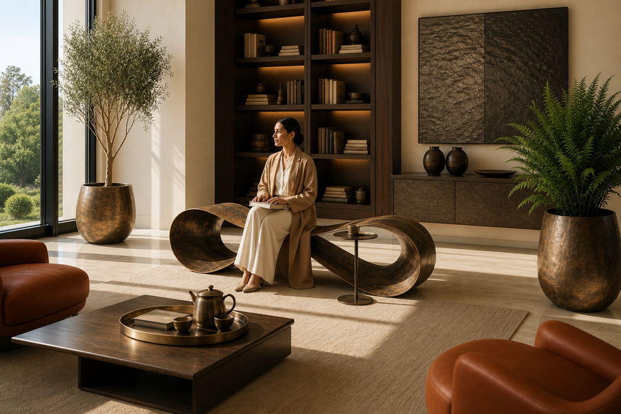 INFINITY WAVE BENCH I, shown in a room setting, at full scale