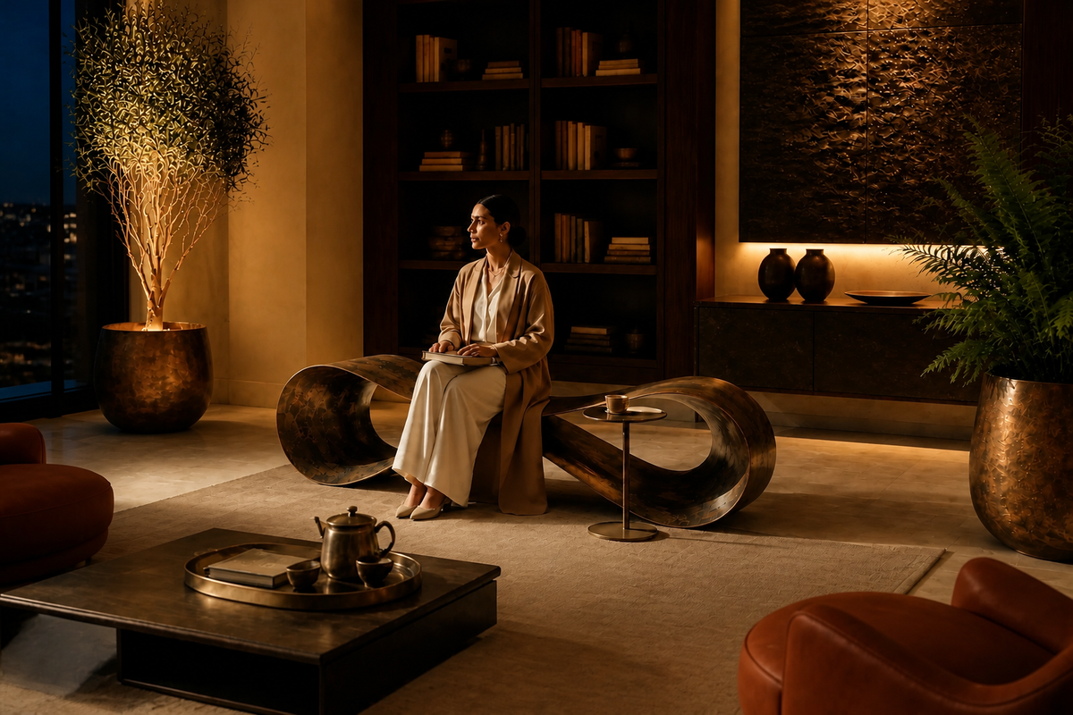 INFINITY WAVE BENCH I, in a room setting under evening light