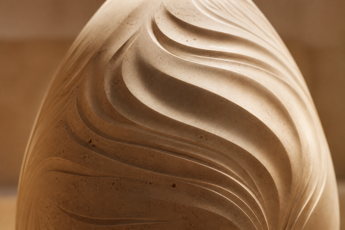 Initia — Limestone egg sculpture by 1-OPH