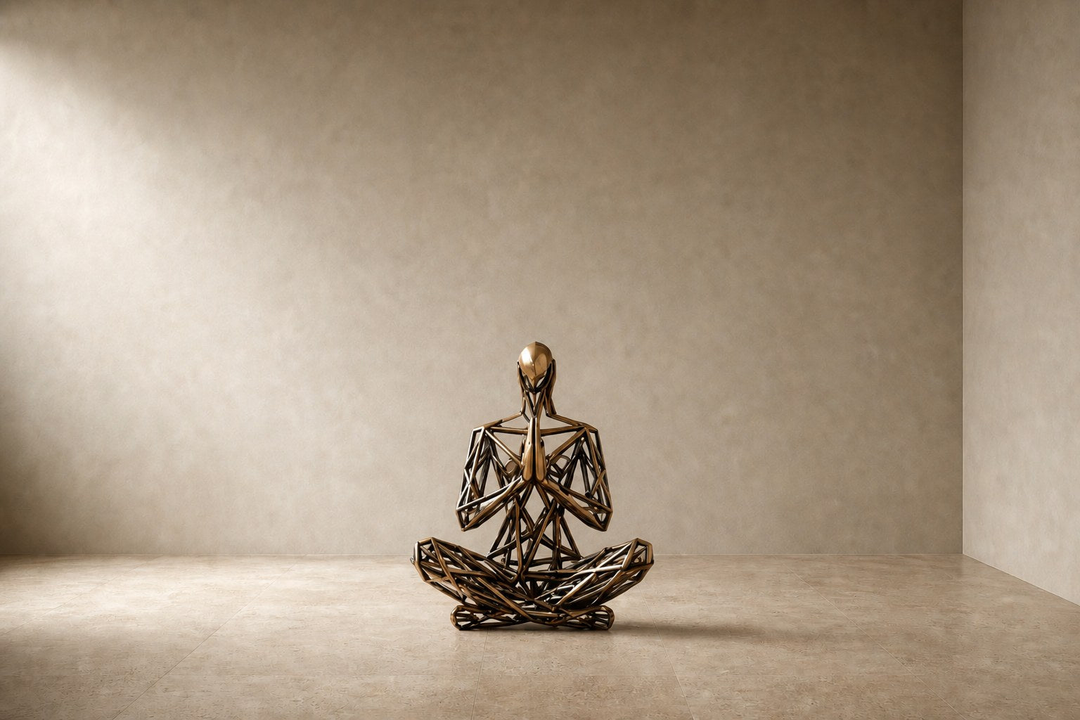 Bronze strut-cage seated figure sculpture Intreccio in lotus with hands together, on a quilted travertine block.