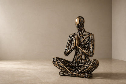 Bronze strut-cage seated figure sculpture Intreccio in lotus with hands together, on a quilted travertine block.