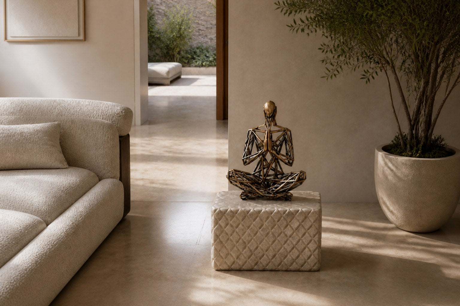 Bronze strut-cage seated figure sculpture Intreccio in lotus with hands together, on a quilted travertine block.