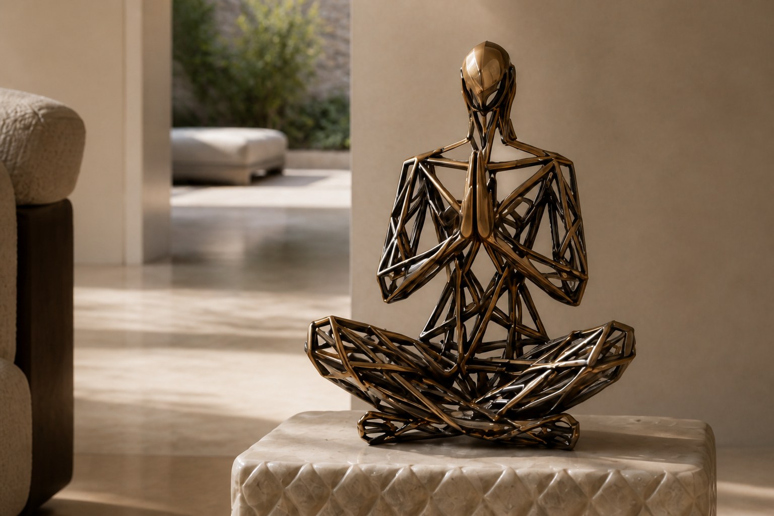 Bronze strut-cage seated figure sculpture Intreccio in lotus with hands together, on a quilted travertine block.