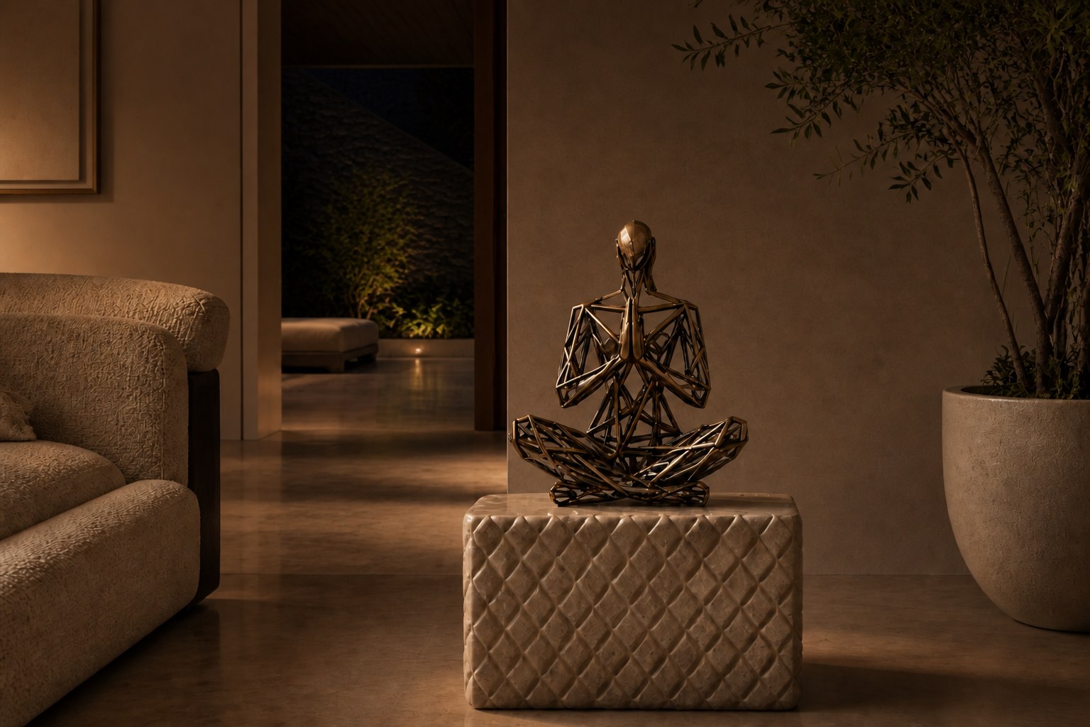 Bronze strut-cage seated figure sculpture Intreccio in lotus with hands together, on a quilted travertine block.